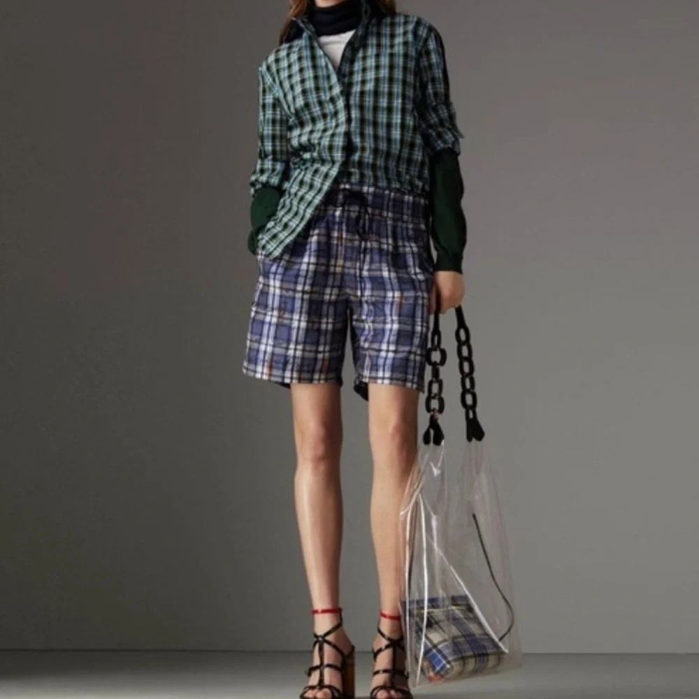 Burberry Saoirse Plaid Long Sleeve Silk Trim Button Shirt Azure Blue - Picture 2 of 16